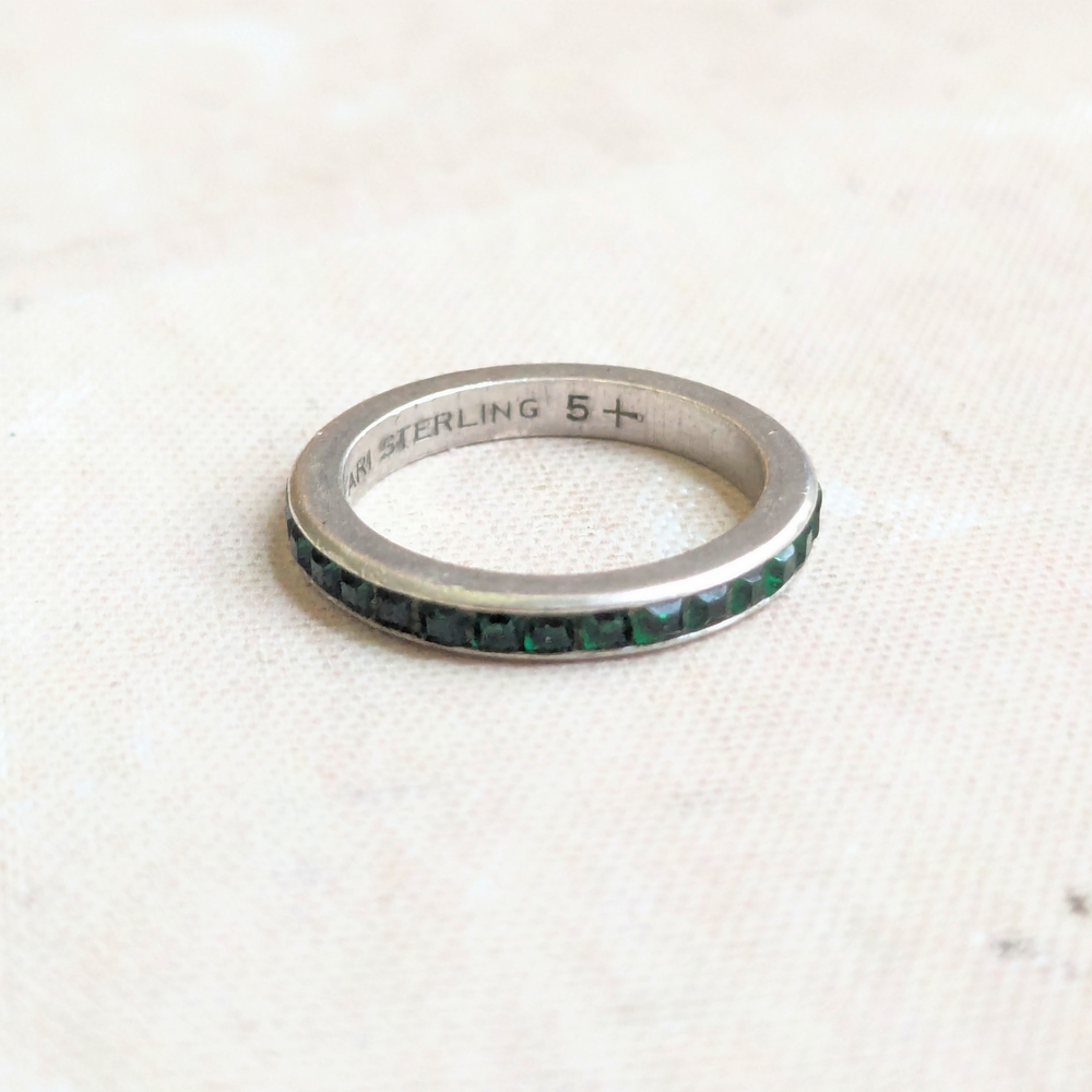 Trifari Sterling Silver Ring Eternity Band Channel Green Rhinestones 5.5